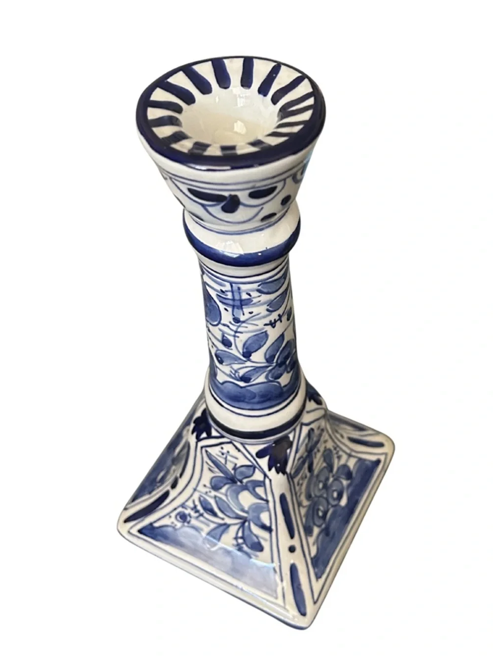 Hand Painted Peacock Ceramic Candlestick Holder | Made in Portugal | Blue/White